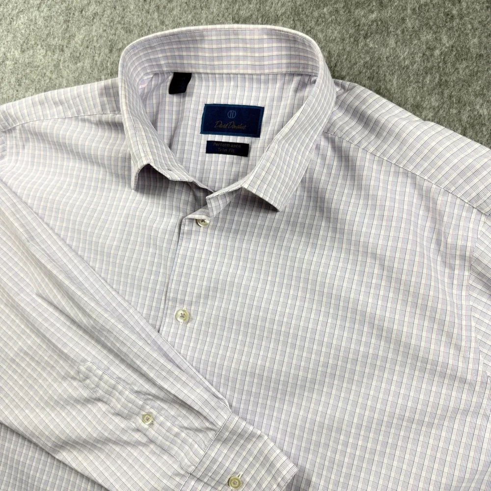 David Donahue Mens 18 34/35 Blue‎ Gold Plaid Performance Trim Fit Dress Shirt